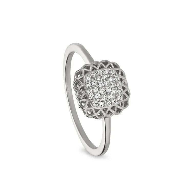 Platinum Finish Sterling Silver Micropave Pillow with Filigree Edge Ring with Simulated Diamonds